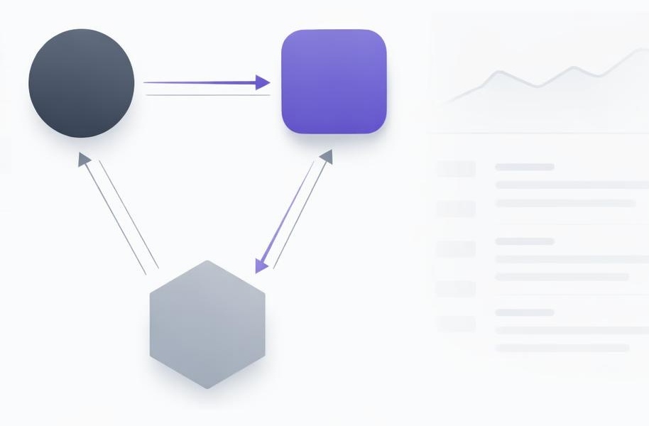 Abstract triangle diagram of three connected nodes with faint content ecosystem interface silhouettes behind.
