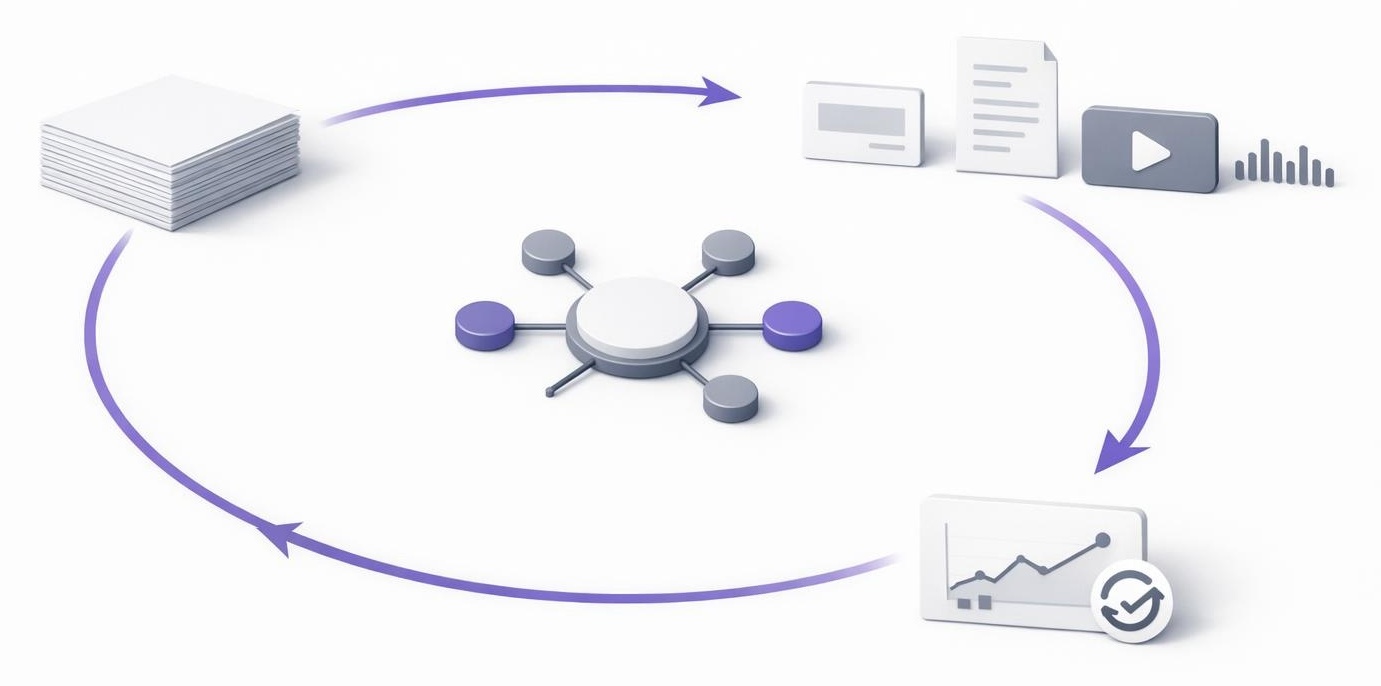 Loop diagram of documents feeding strategy, formats, and analytics for consistent expert visibility.