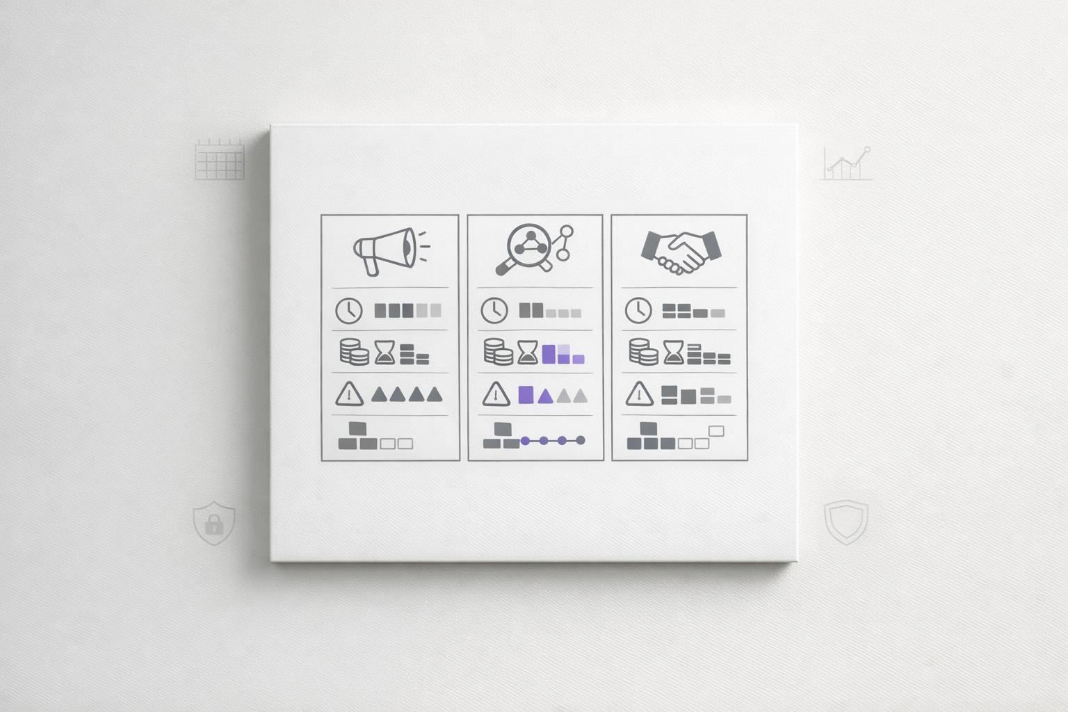 Text-free comparison graphic showing ads, SEO/GEO, and agency trade-offs using icons and meters.