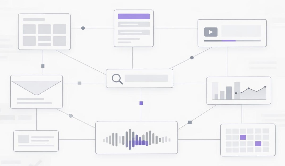 Cross-Format Coherence Map Diagram Abstract network diagram linking blog, video, social, newsletter, podcast, search, and analytics tiles.