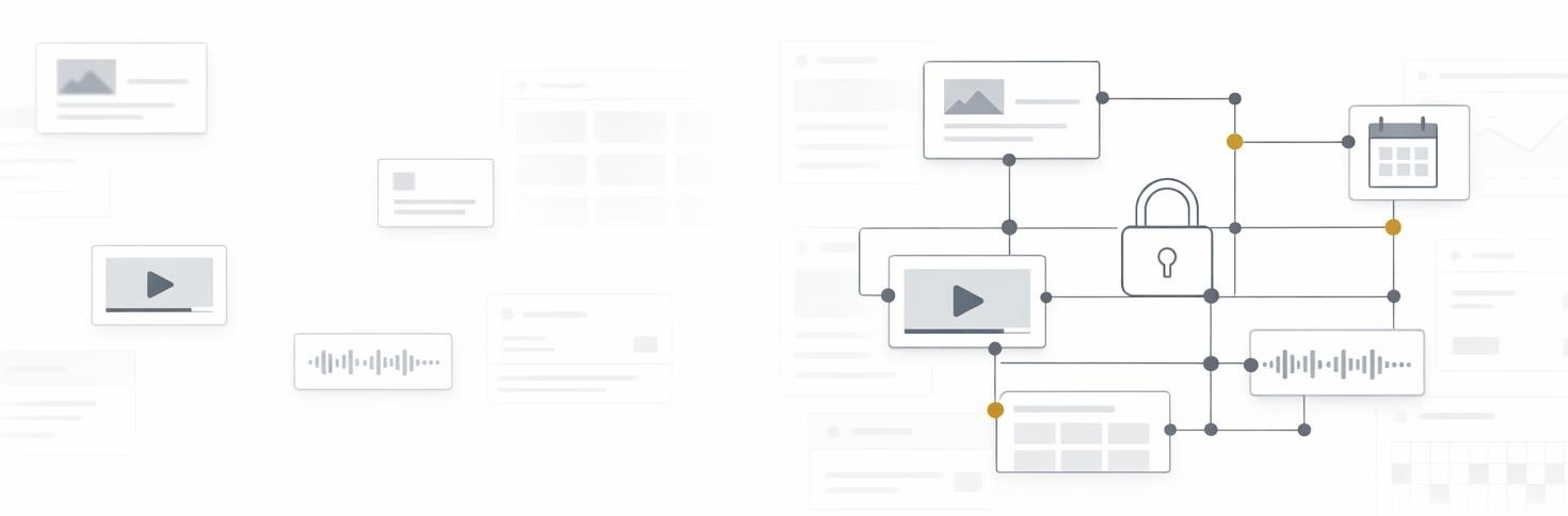 Abstract diagram showing scattered content tiles becoming a connected networked content ecosystem.