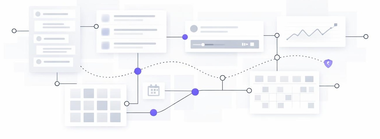 Abstract city-map diagram of connected AI, social, search, and blog discovery surfaces.