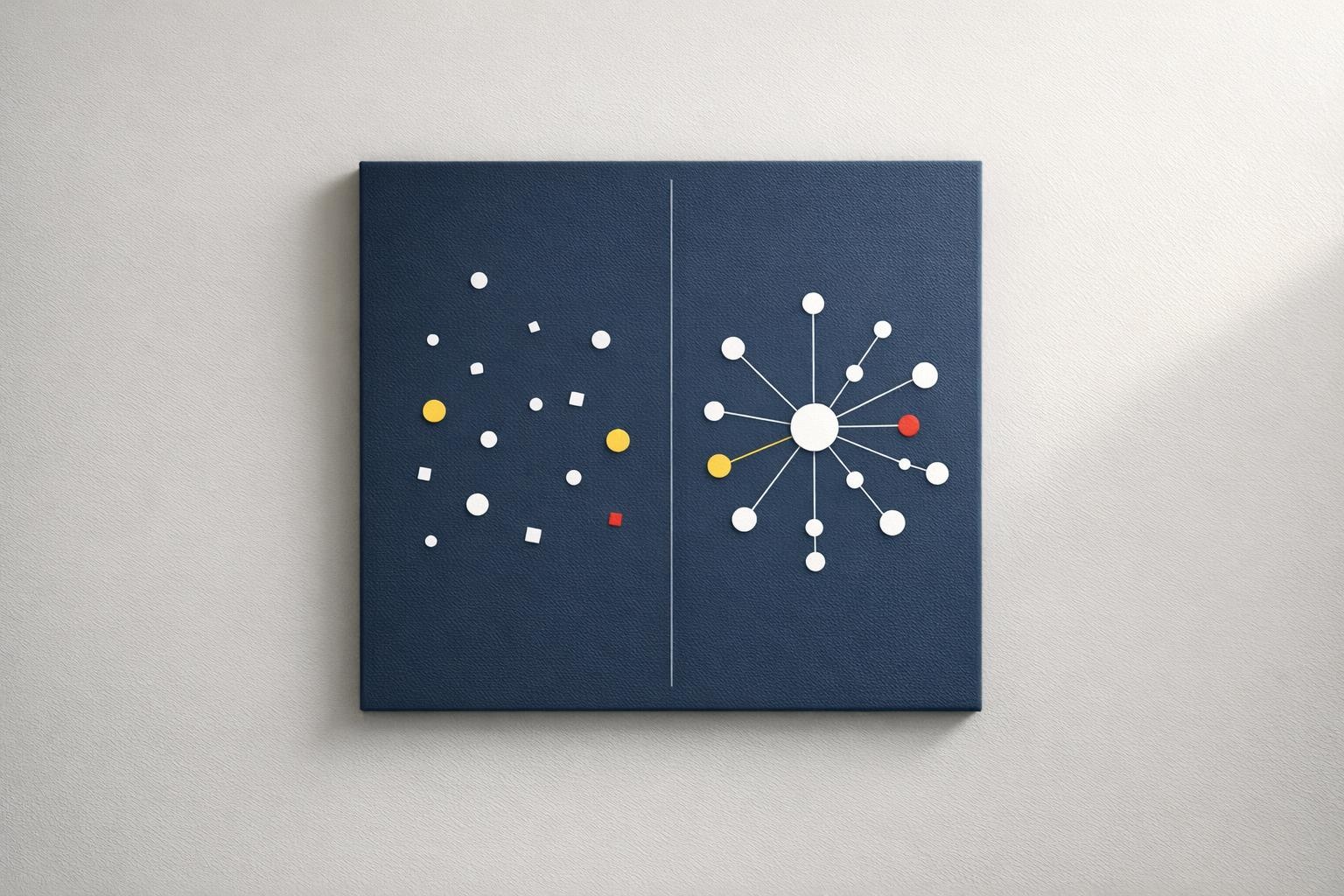 Abstract canvas showing scattered nodes versus connected hub-and-spoke network in brand colors.