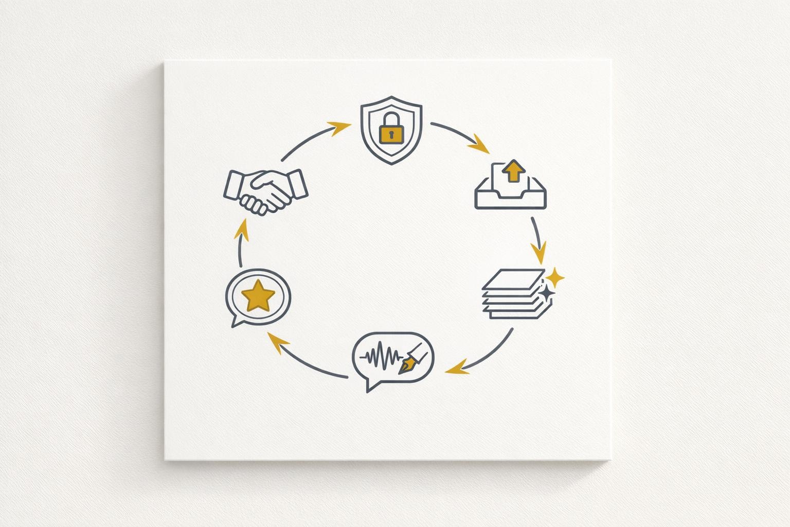 Circular flywheel diagram linking privacy, sharing, input quality, output specificity, value, and trust.