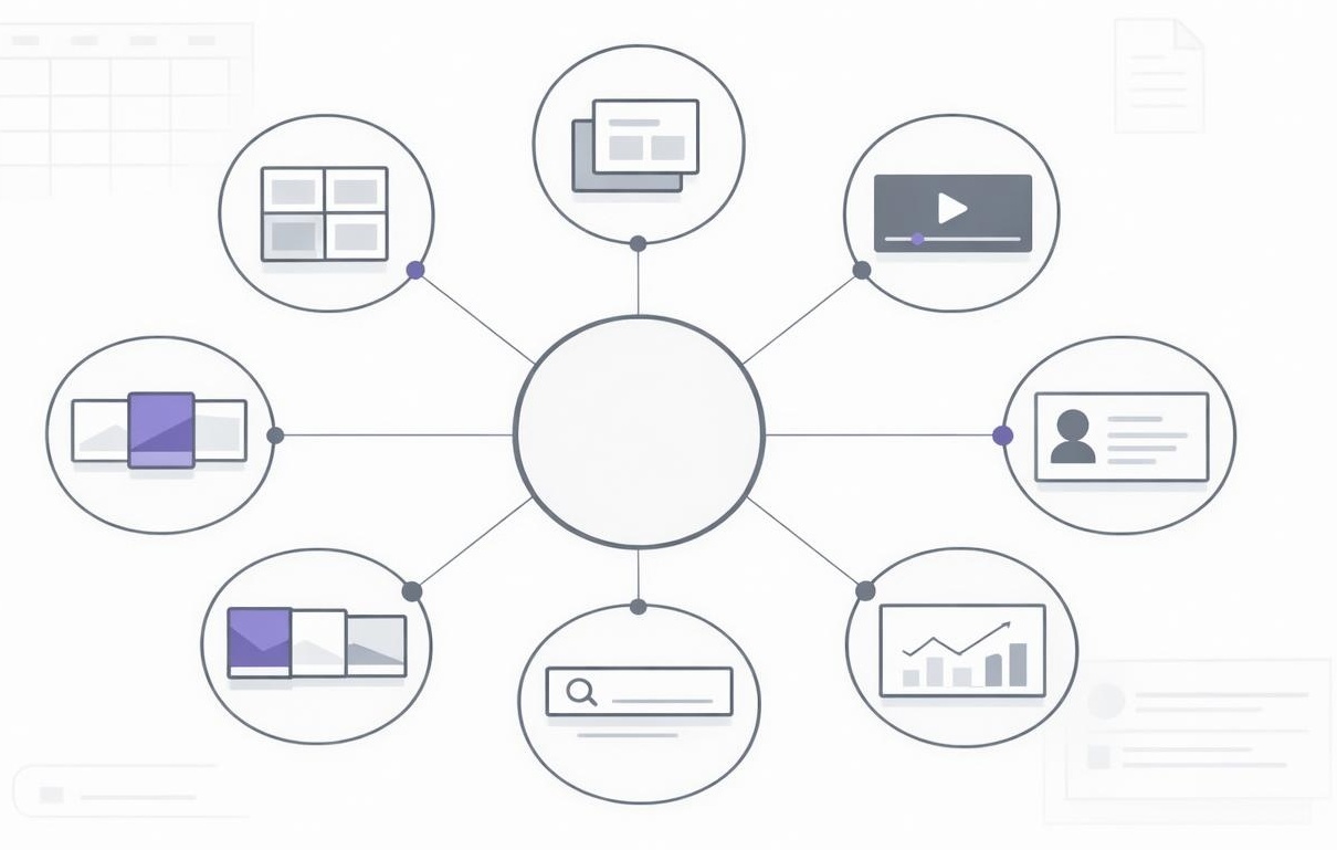 Minimal network diagram connecting pillar content to posts, video, search panels, and analytics blocks.