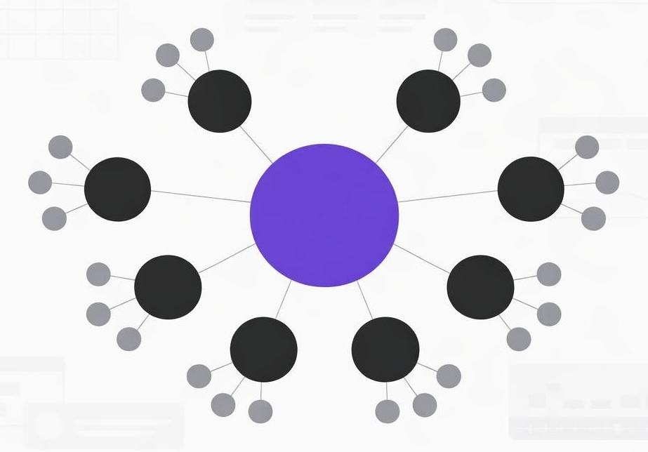 Coherence map topic cluster graphic Abstract topic cluster map with a central node linked to surrounding clusters and smaller FAQ nodes.