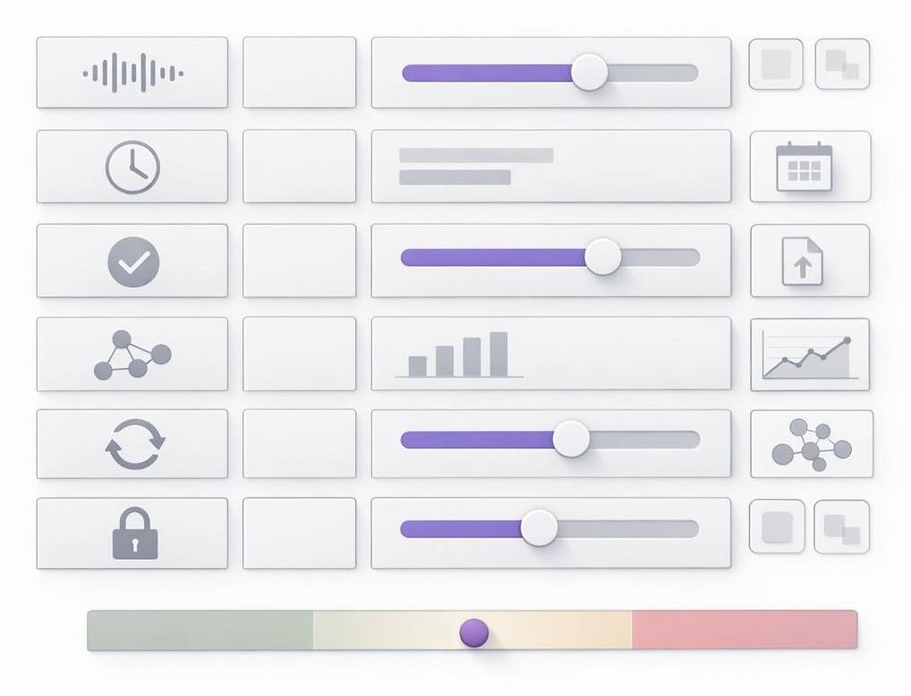 Text-free scorecard grid showing six decision factors with an abstract zone indicator band.