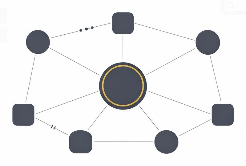 Minimalist network diagram with hub-and-spoke nodes and cross-links on a clean white background.