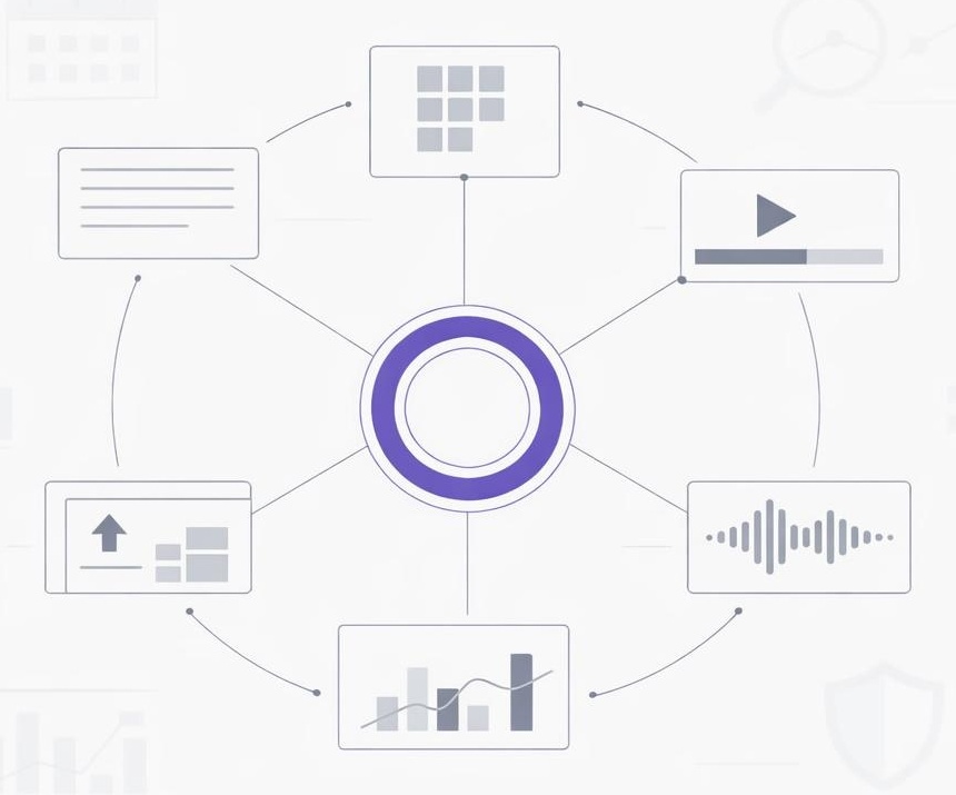 Minimal interlinked content ecosystem loop with blog, social, video, podcast, analytics, and privacy icons.
