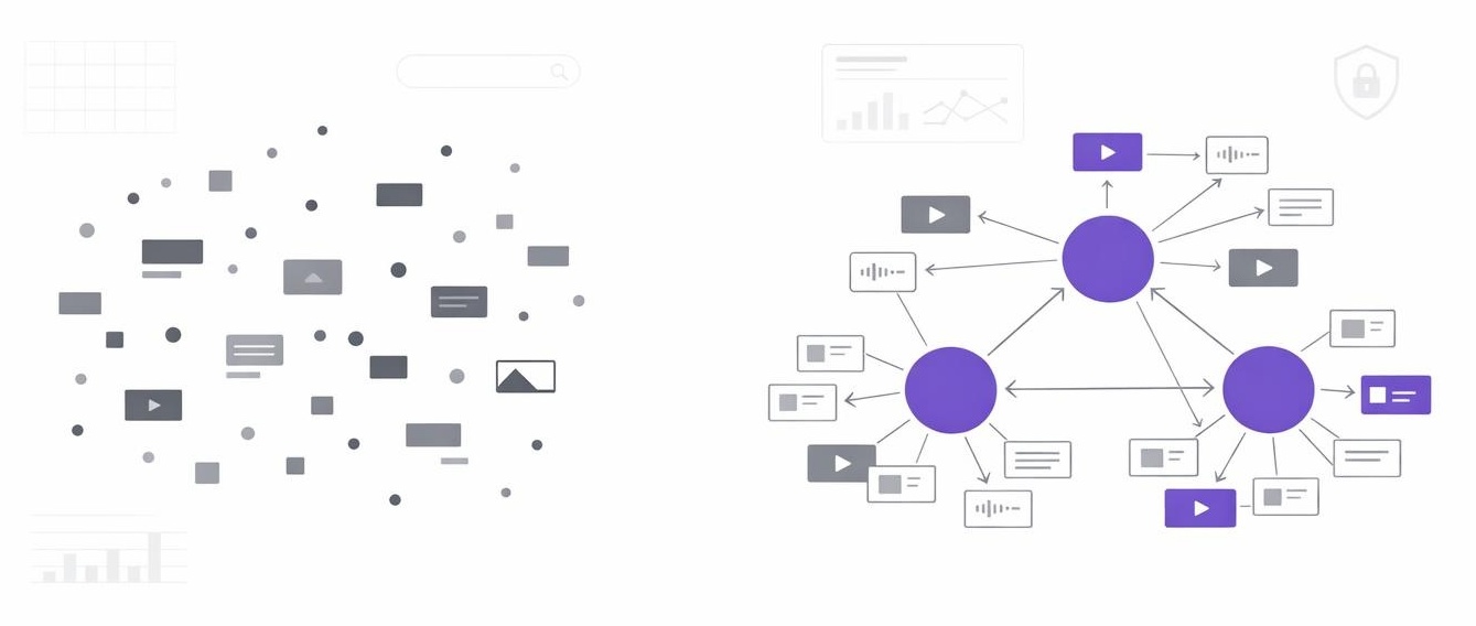 Side-by-side graphic contrasting scattered posts with an interconnected recognition ecosystem.