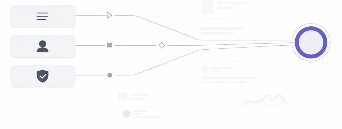 Abstract three inputs converging into one clear signal node across AI discovery panels.