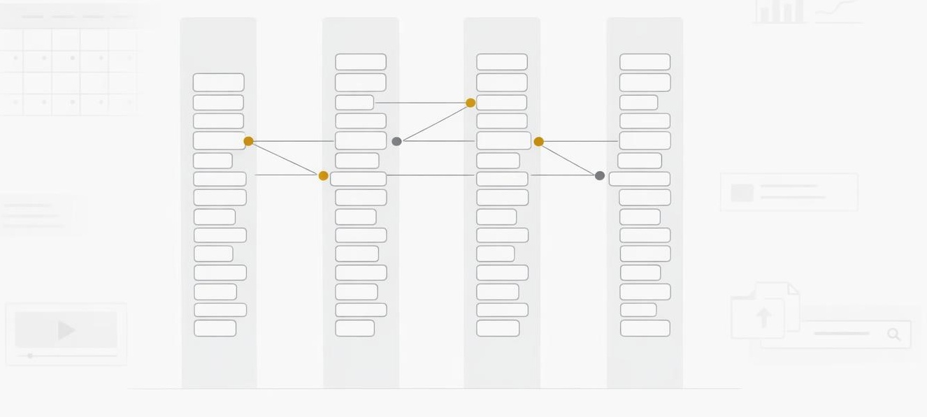 Choosing 2 to 4 core themes Abstract diagram of three content pillars with connected tiles, showing a coherent messaging ecosystem.