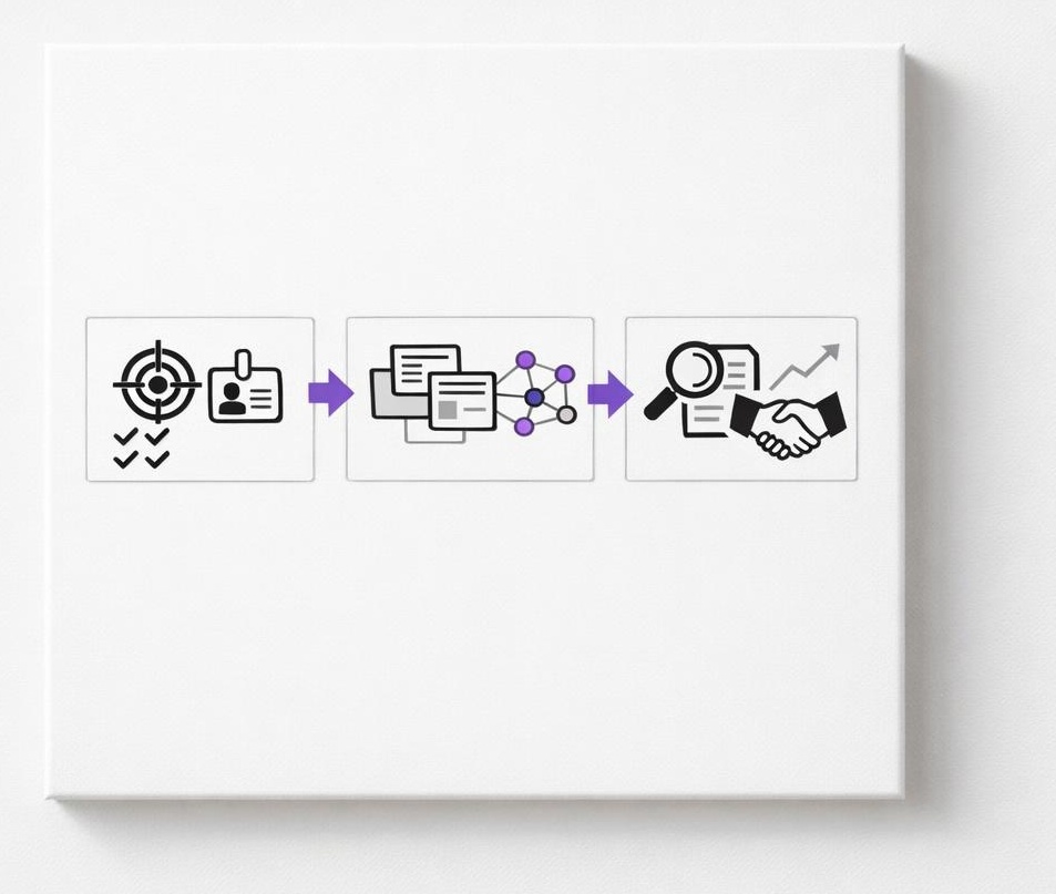 Three-step timeline showing a 90-day sequence with icons for clarity, content, and outreach.