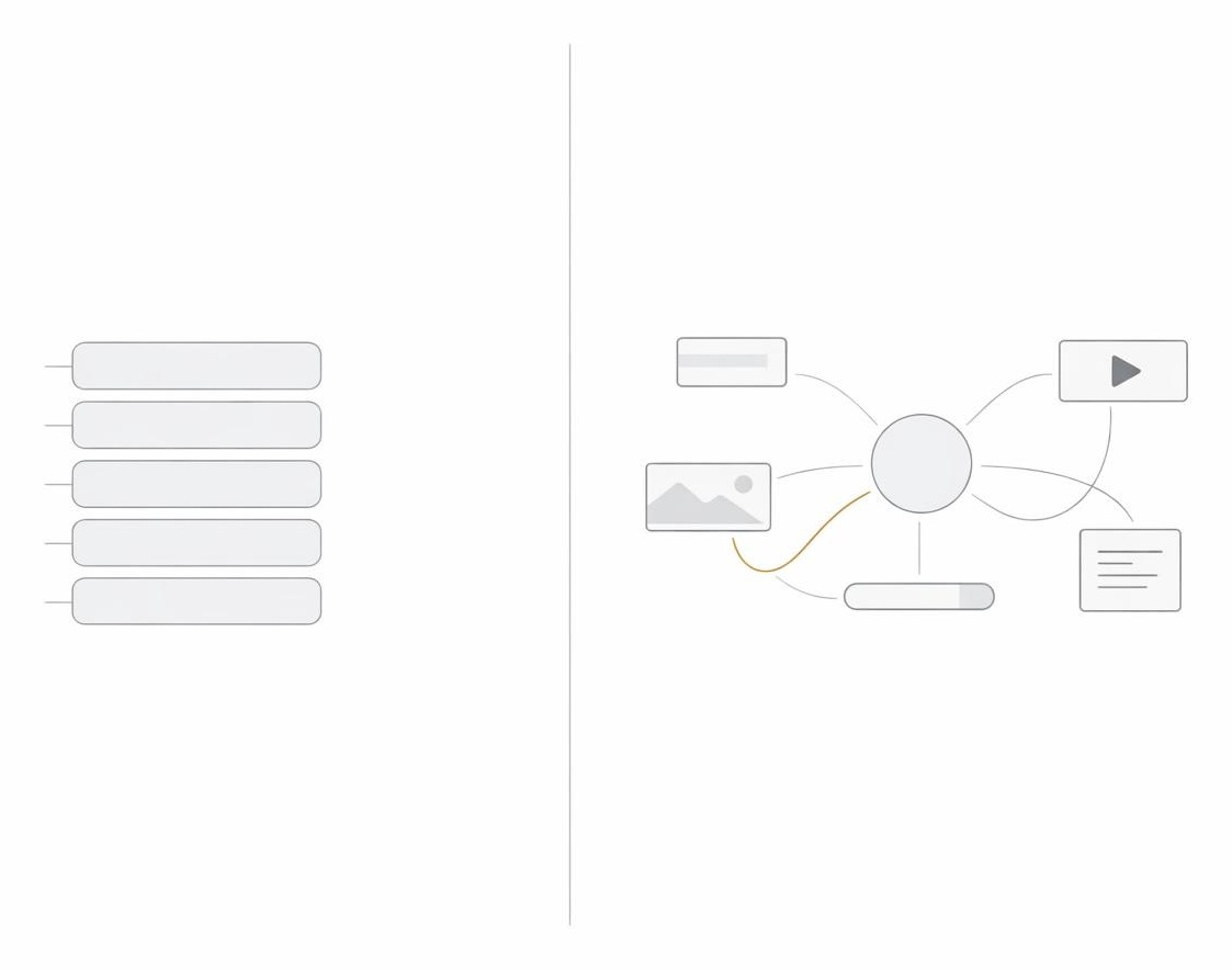 Side-by-side abstract graphic contrasting repetitive content blocks with a connected multi-format ecosystem.