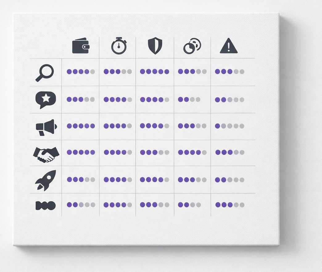 Minimal grid scorecard comparing five visibility engines using icons and dot ratings.