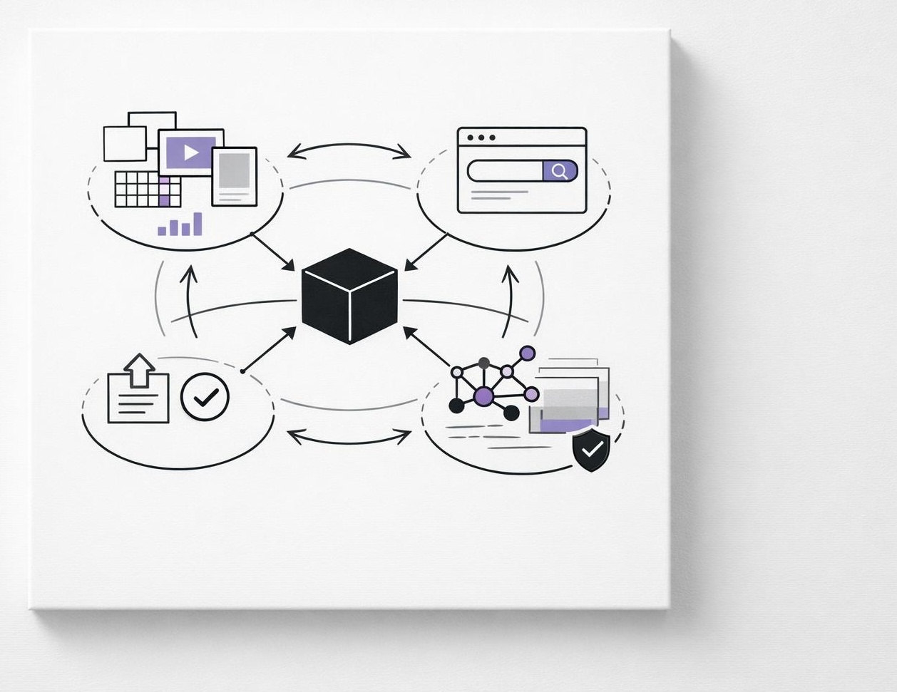 Diagram-like network showing content connected across social, search, and AI discovery surfaces.