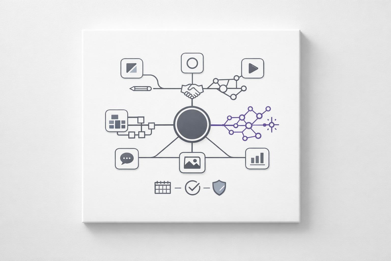 Abstract diagram showing four content paths feeding one hub, branching into multiple publishing channels.