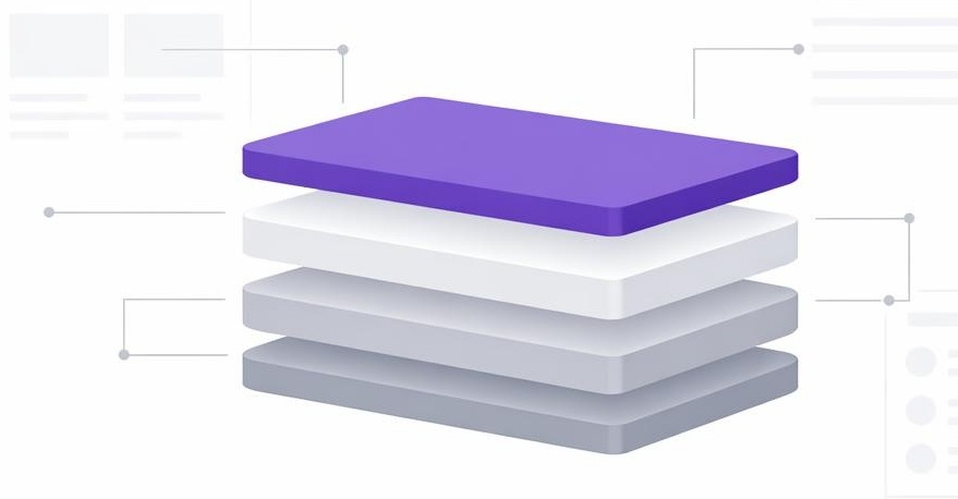 Minimal stacked blocks connected to faint feed and search panels, showing a legibility framework.