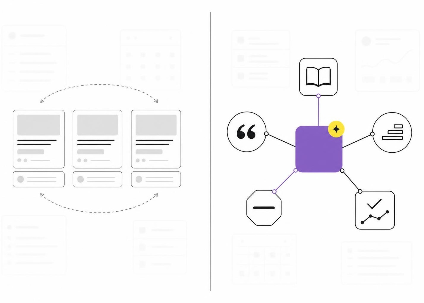 Side-by-side abstract graphic contrasting repetitive content blocks with a connected memory node system.