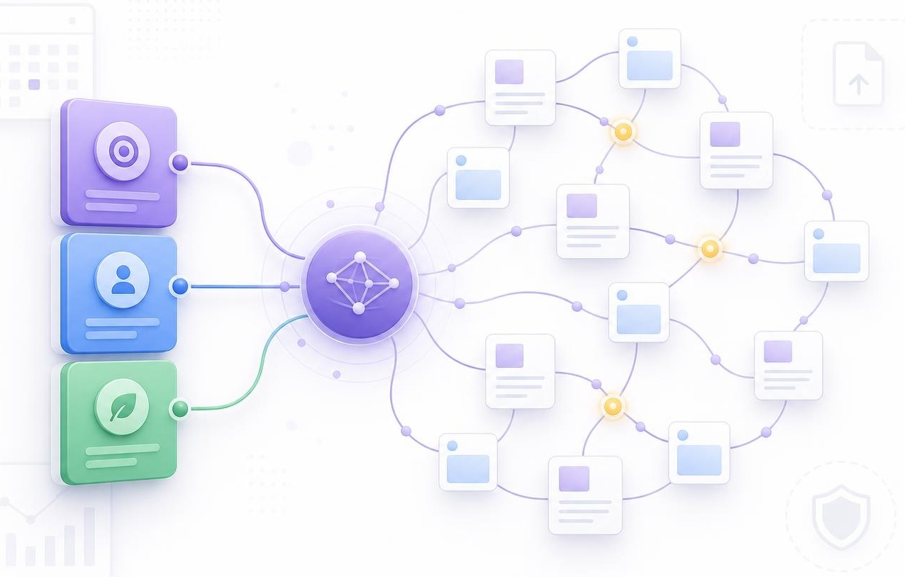 Three Themes Become a Network Three core tiles feeding a linked network of content assets with looping connector lines.