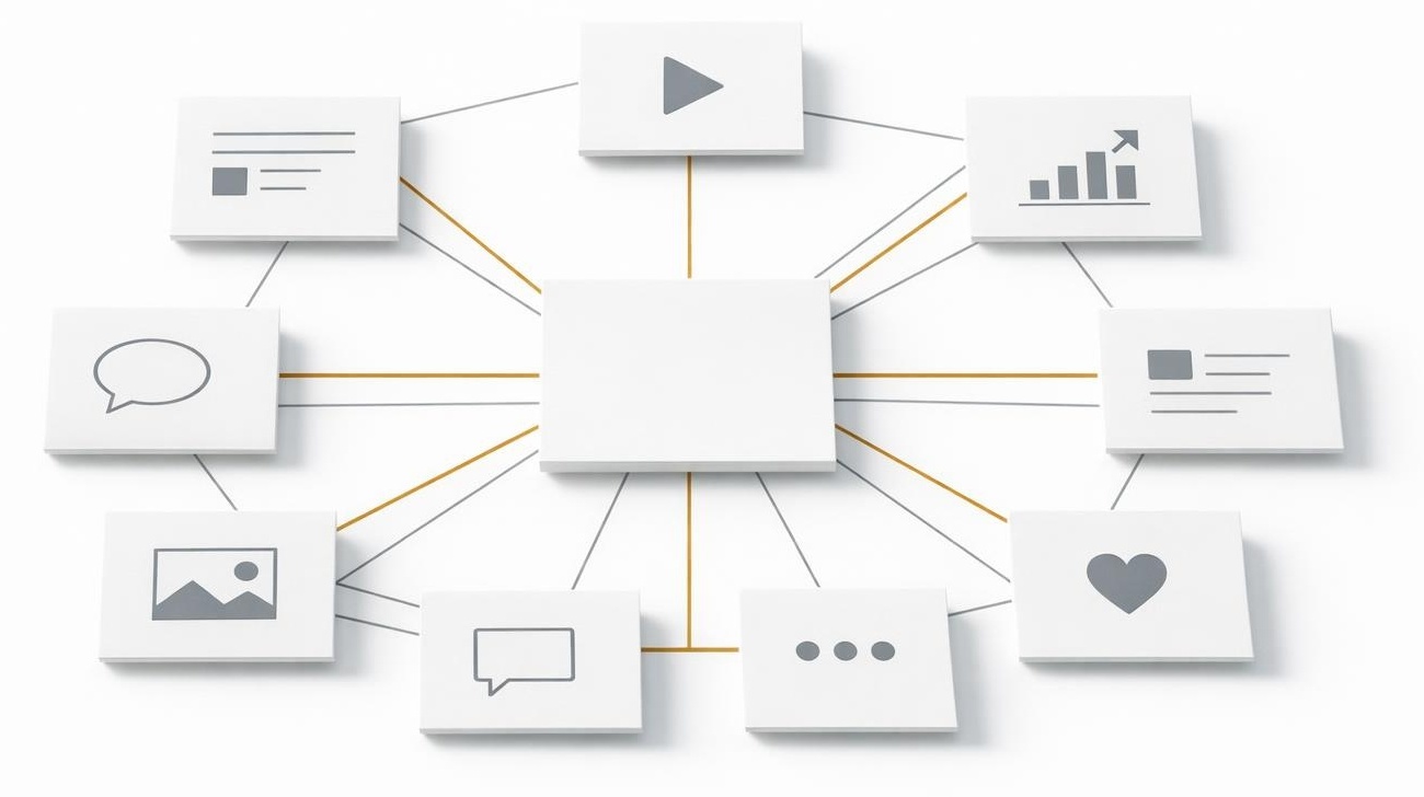 Minimal hub-and-spoke network of cards linked by golden lines on a white surface.