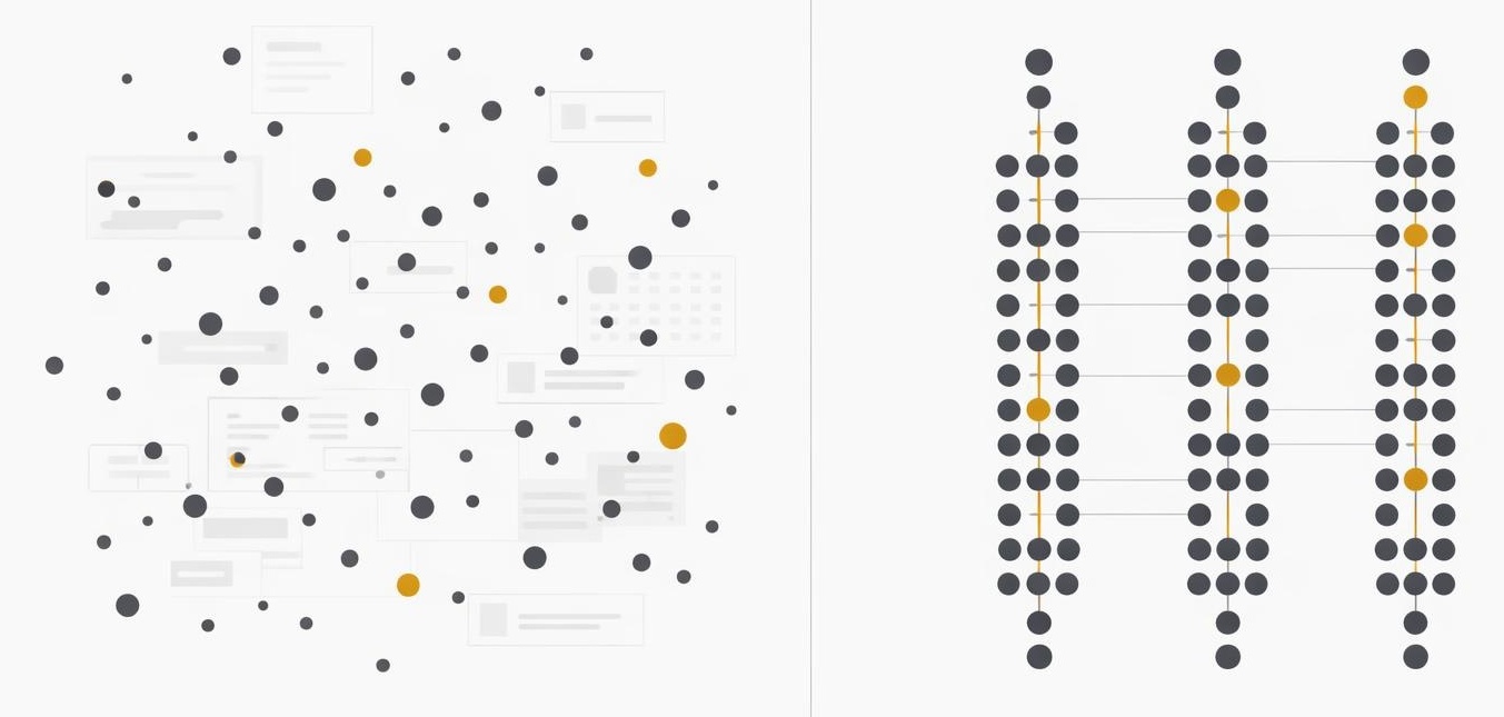 Abstract comparison of scattered dots versus aligned stacked pillars showing content signal accumulation.
