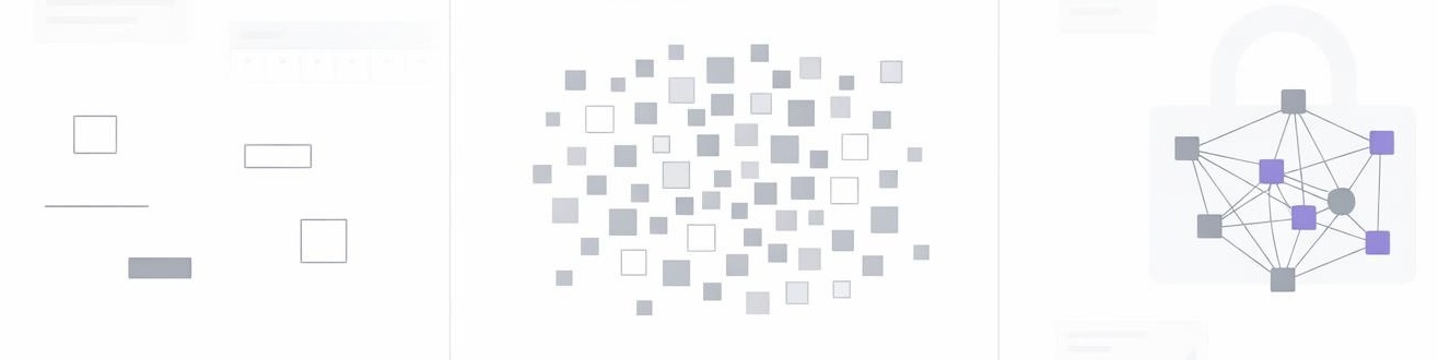Abstract diagram showing three content paths, scattered posts versus linked clusters forming a clear network.