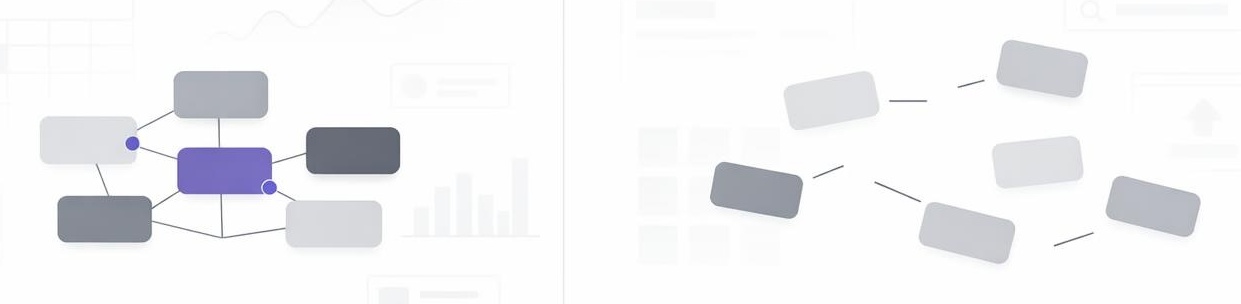 Abstract network diagram showing connected content themes versus scattered disconnected topics on white background.