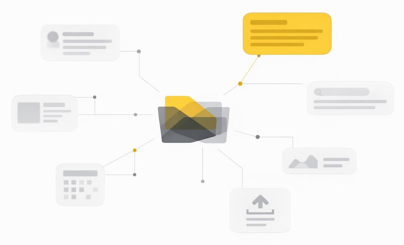 Abstract connected content fragments converging into a central knowledge core, showing repeated visibility building recognition.