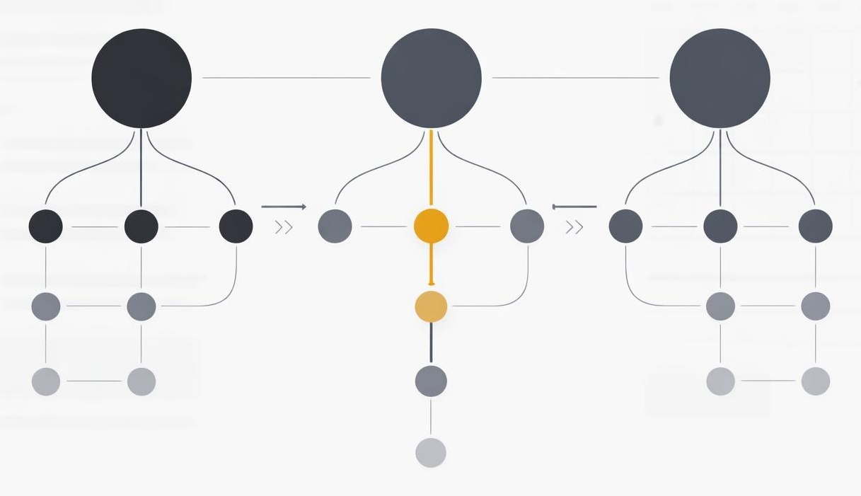 Abstract node diagram showing three pillars branching into twelve connected points with thin lines.