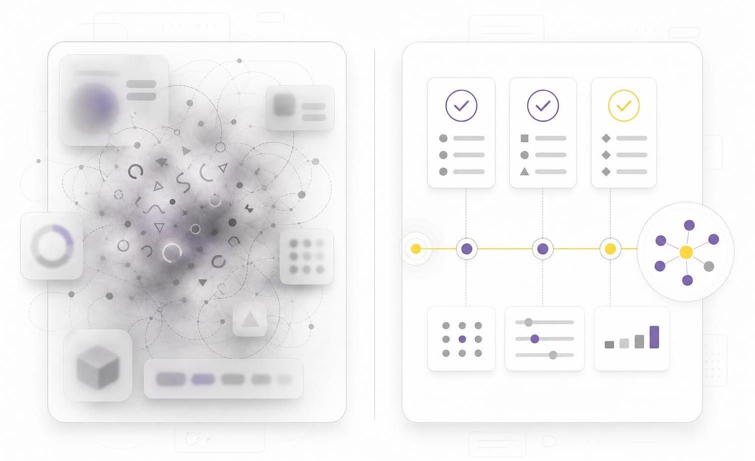 Two-panel abstract comparison: left side hazy noise, right side clear signal lines and nodes.