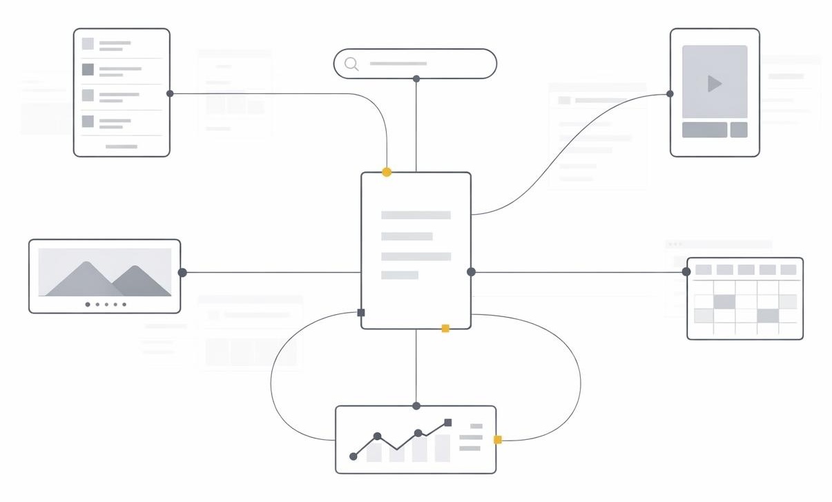 Minimal diagram showing one central content pillar connected to multiple formats by thin lines.