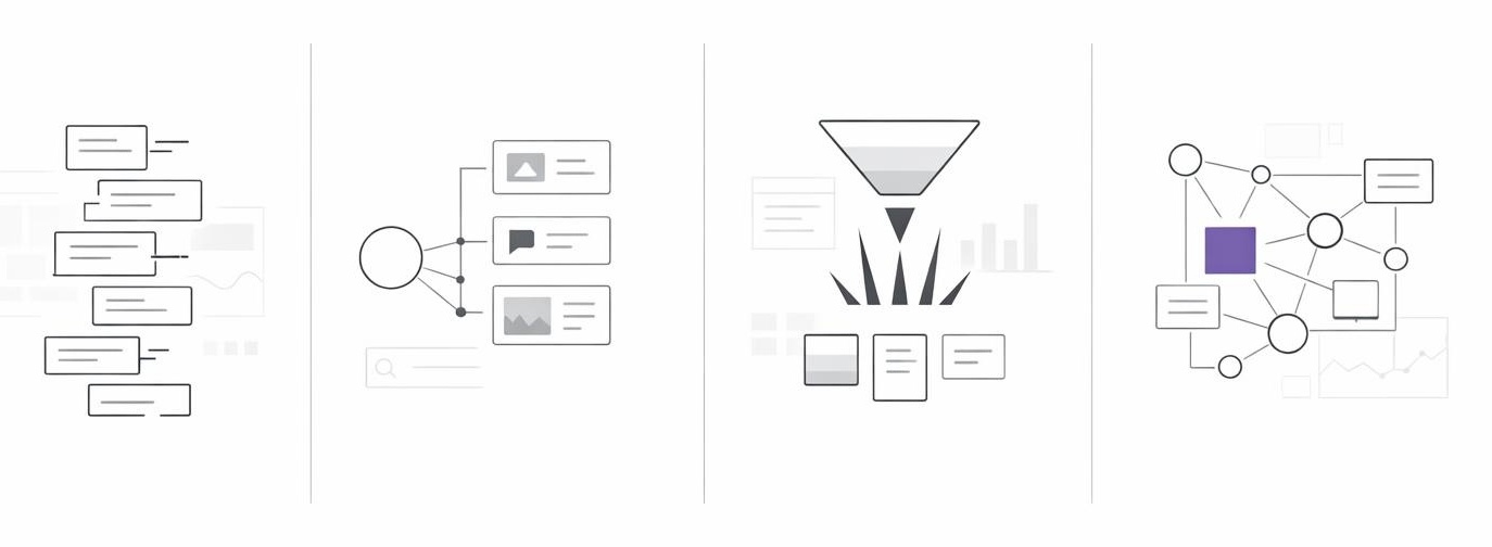 Abstract four-lane diagram comparing manual, agency, ads, and system-based visibility approaches.