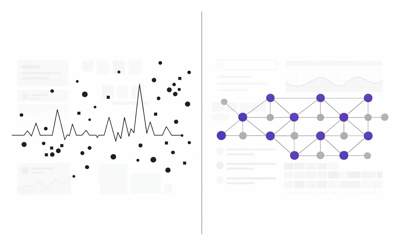 Abstract comparison of scattered bursts versus a coherent repeating network pattern.