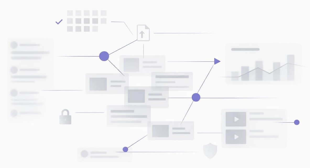 Consistent Signals Across Discovery Surfaces Abstract network linking repeated content blocks across social, search, and analytics panels.
