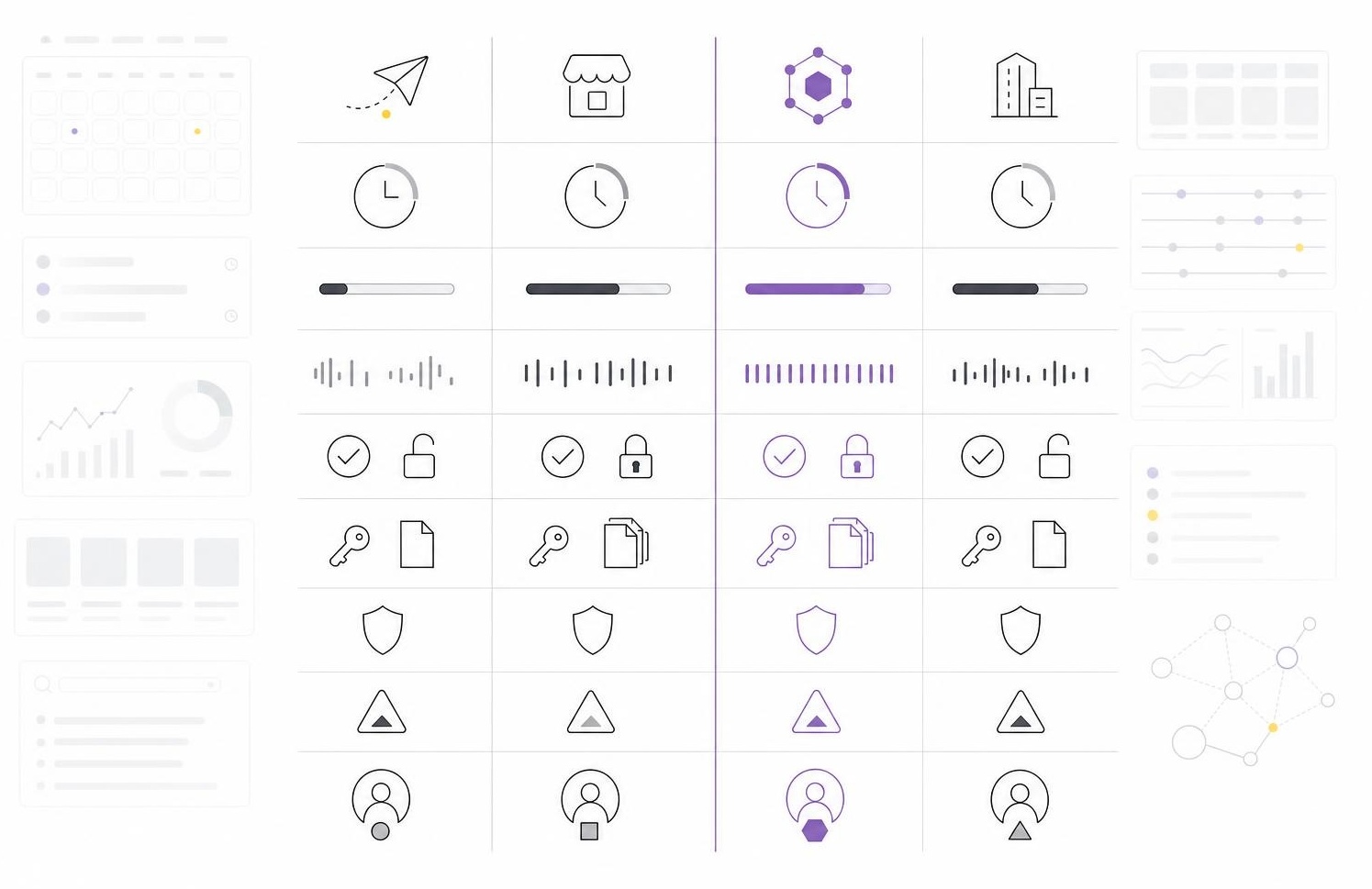 Minimal four-column matrix comparing publishing approaches with icons for control, risk, and ownership.