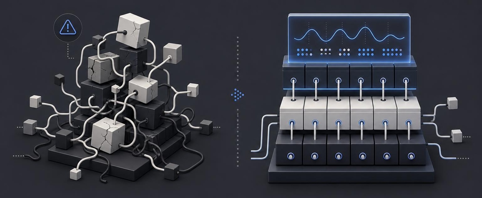 Split visual comparing tangled brittle architecture to clean modular scalable system foundations.