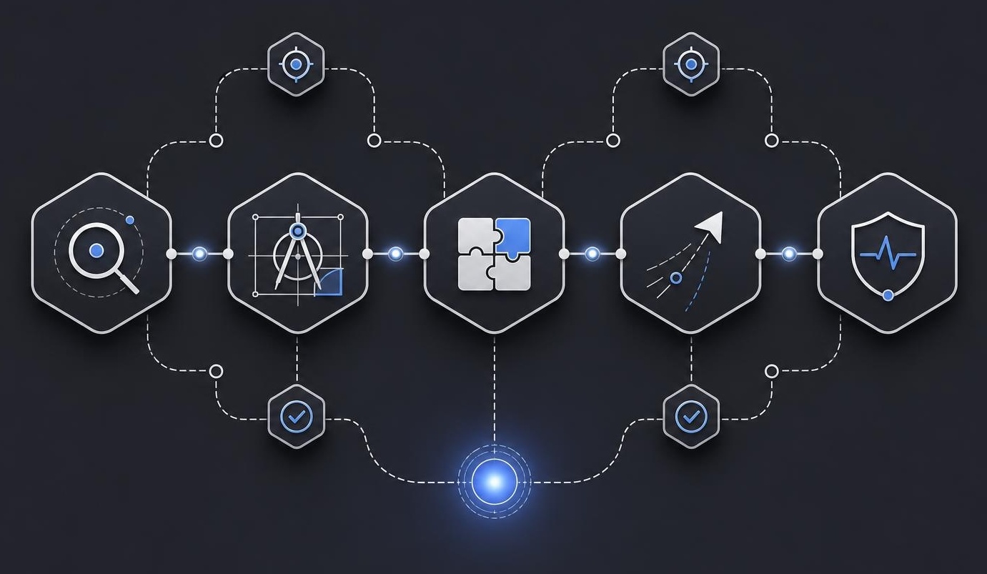 Abstract flow diagram showing discovery through operations with checkpoints for risk and quality.