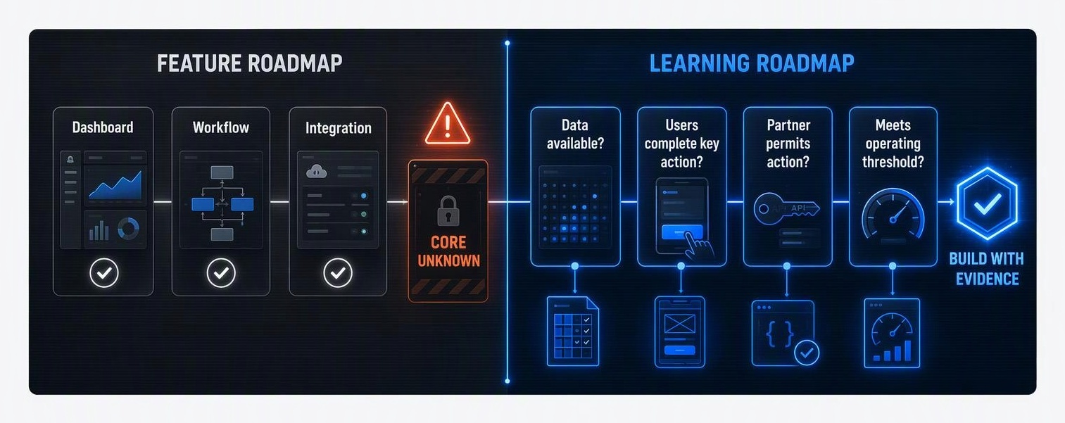 Comparison of a feature roadmap that completes a dashboard, workflow, and integration but ends at an unresolved core unknown, versus a learning roadmap that tests data access, user behavior, partner permission, and operating thresholds before building with evidence