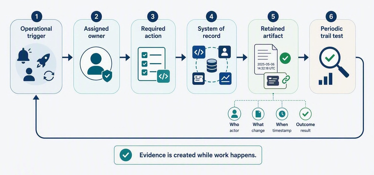 A recurring workflow showing an operational trigger, assigned owner, required action, system of record, retained evidence artifact, and periodic test of whether the control trail can be followed.