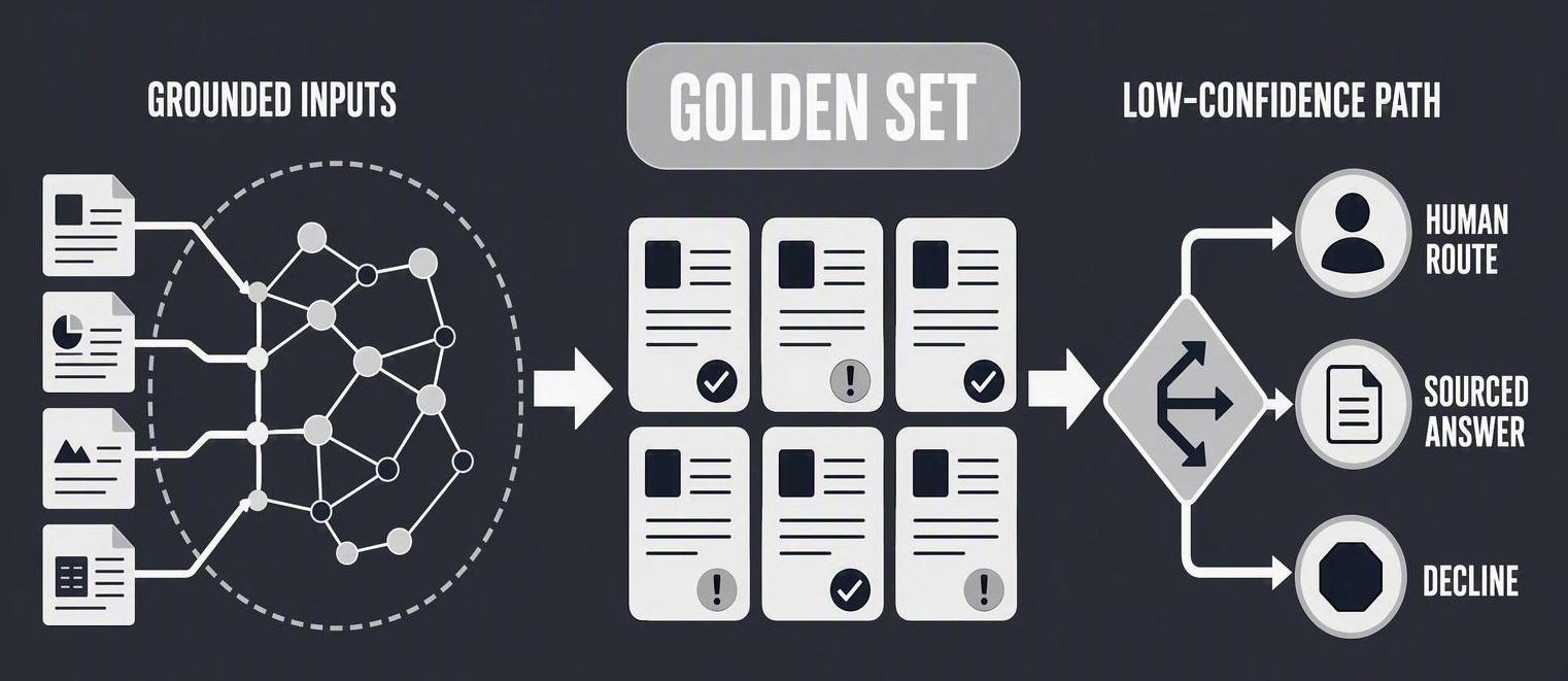 Three-stage AI readiness workflow linking grounded inputs, golden set testing, and low-confidence human, sourced-answer, or decline paths.