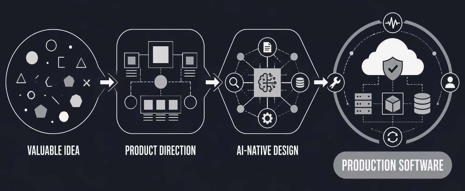 Four-stage flow connects Valuable Idea, Product Direction, AI-Native Design, and Production Software through a clear path.