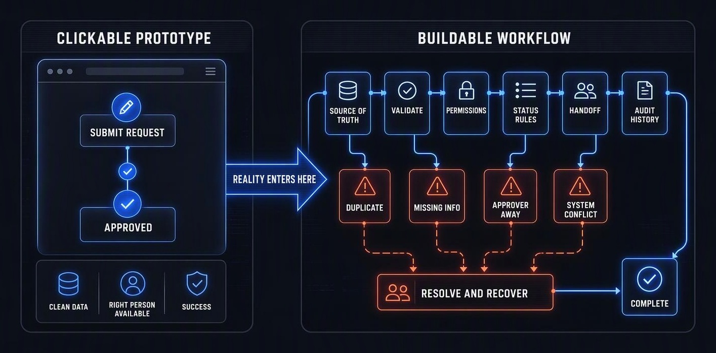 Comparison showing a clickable prototype with one clean Submit request to Approved path beside a production workflow with data validation, permissions, status rules, handoffs, audit history, and exception recovery for duplicate, missing, unavailable, and conflicting inputs.