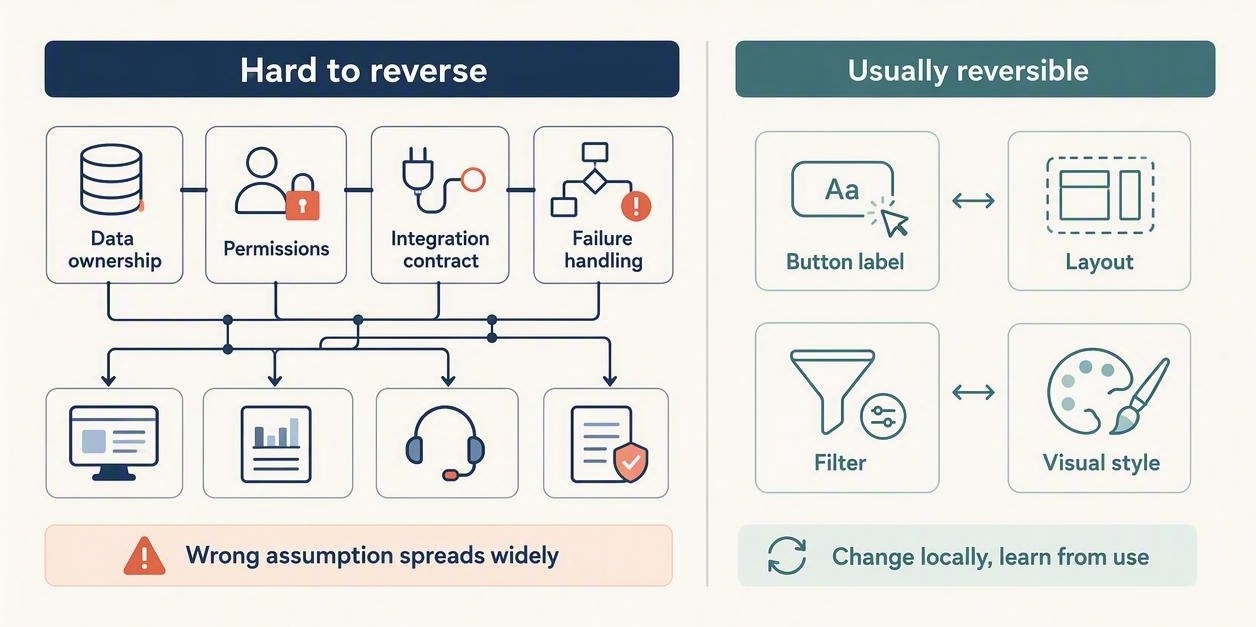 Comparison showing hard-to-reverse product decisions such as data ownership, permissions, integrations, and failure handling connected to many downstream systems, versus reversible choices such as labels, layouts, filters, and visual styling that can be changed locally.