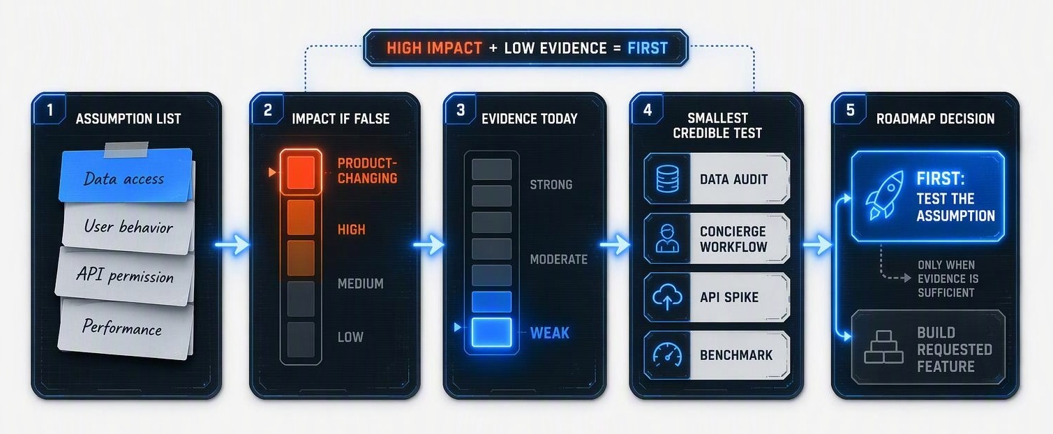 Five-step roadmap decision process: list assumptions, assess impact if false, assess evidence today, choose the smallest credible test, then prioritize testing high-impact assumptions with low evidence before building requested features