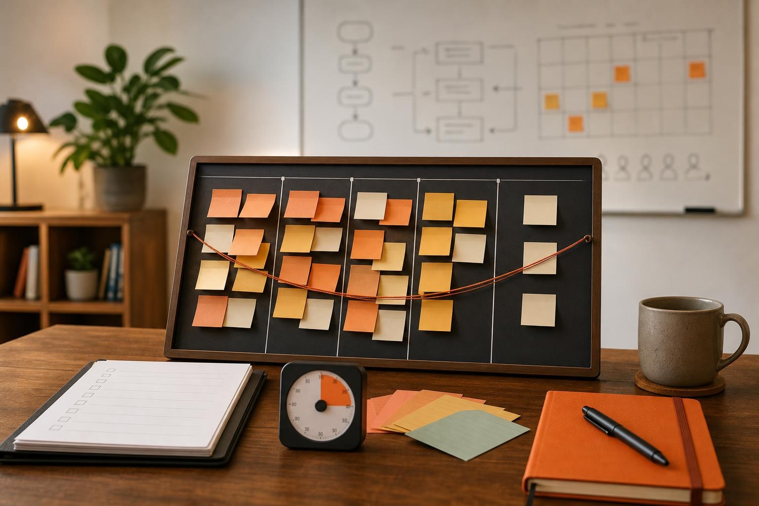 Kanban board and sticky notes arranged like a sagging bridge, showing overloaded commitments.