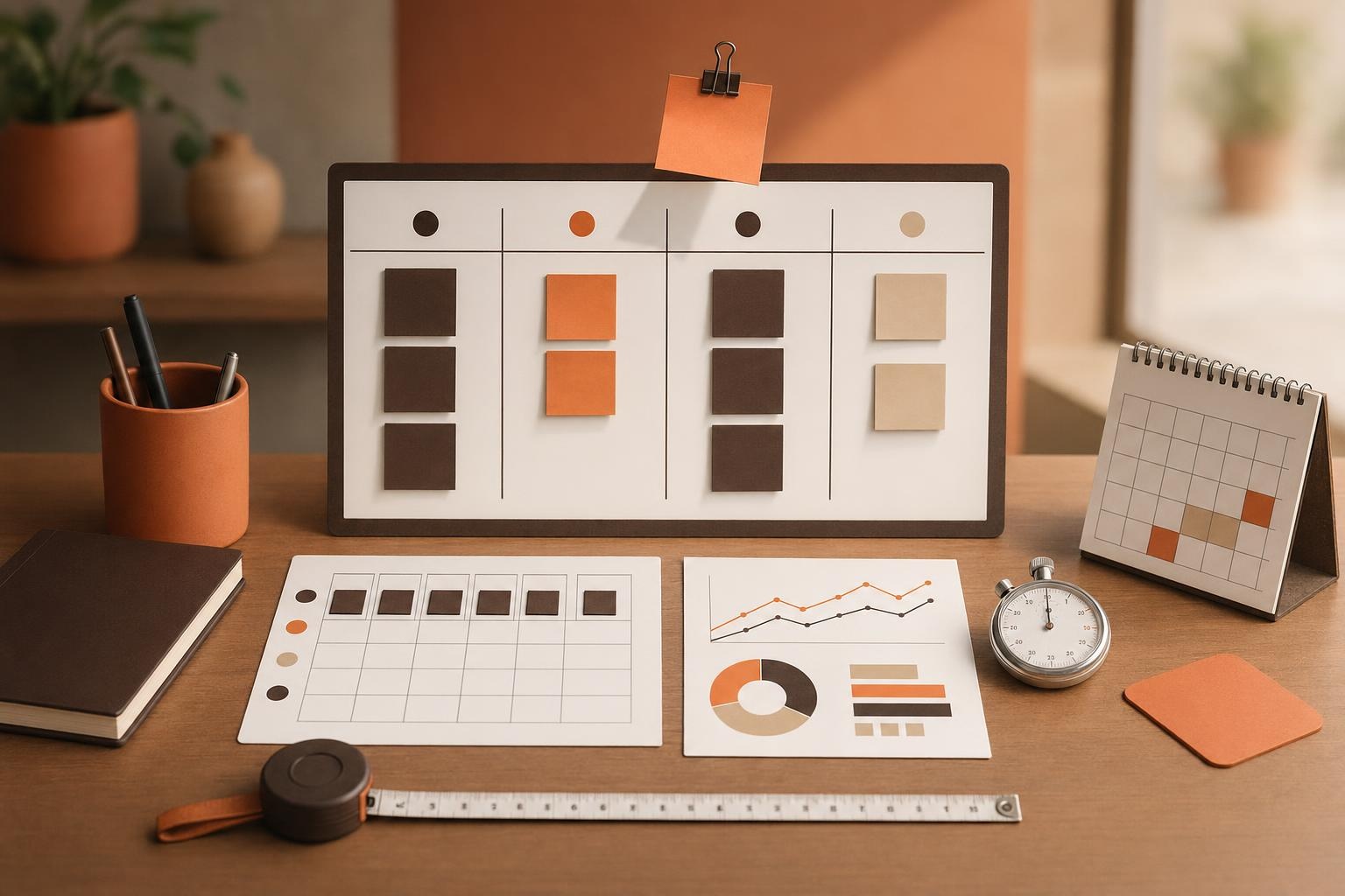 Visible capacity and decision-ready metrics Kanban board with limited sticky notes beside capacity and metric tracking tools on a desk.