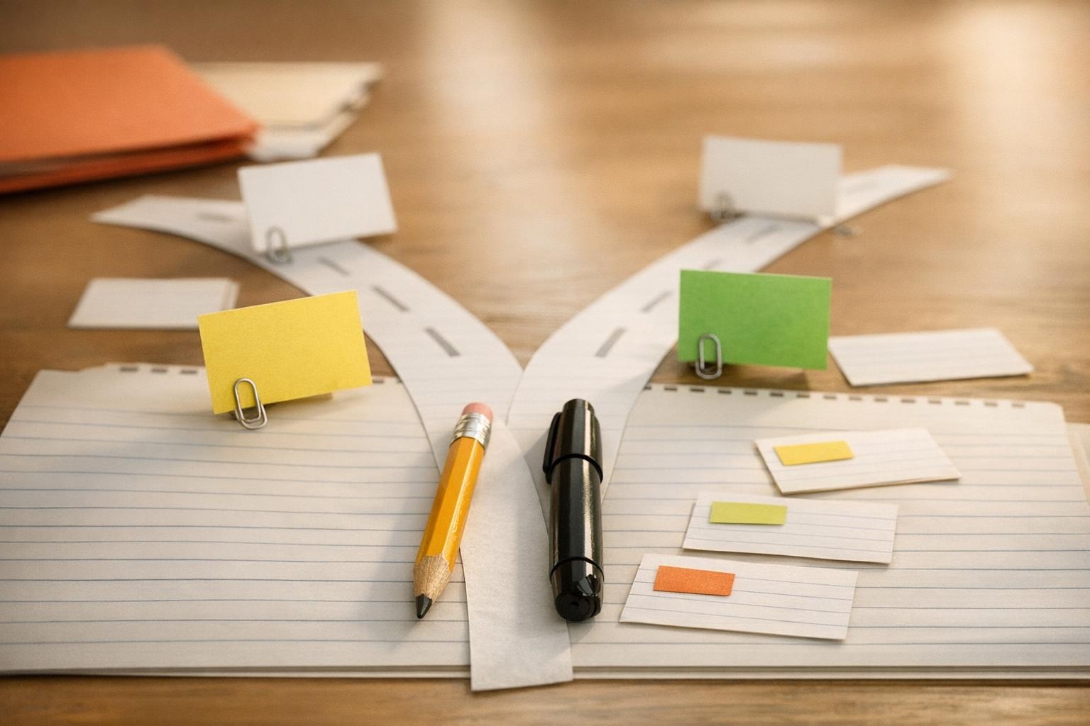 Branching paper path with office tools symbolizing leadership decision rules and pilots.