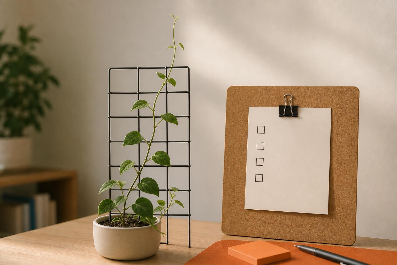 Trellis Structure for Leadership Habits Small plant climbing a wire grid trellis beside a minimal checklist on a desk.