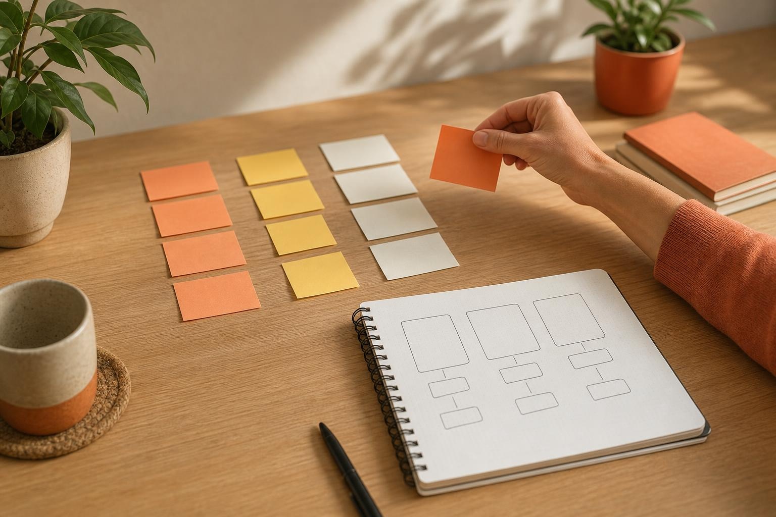Kanban-style board and sticky notes making workload visible on a calm desk.